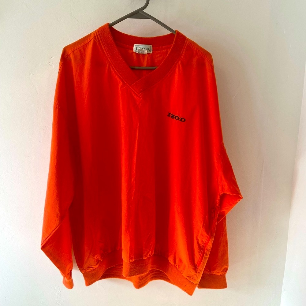 Izod Sz L mens v neck pullover windbreaker bright orange with zippered pockets